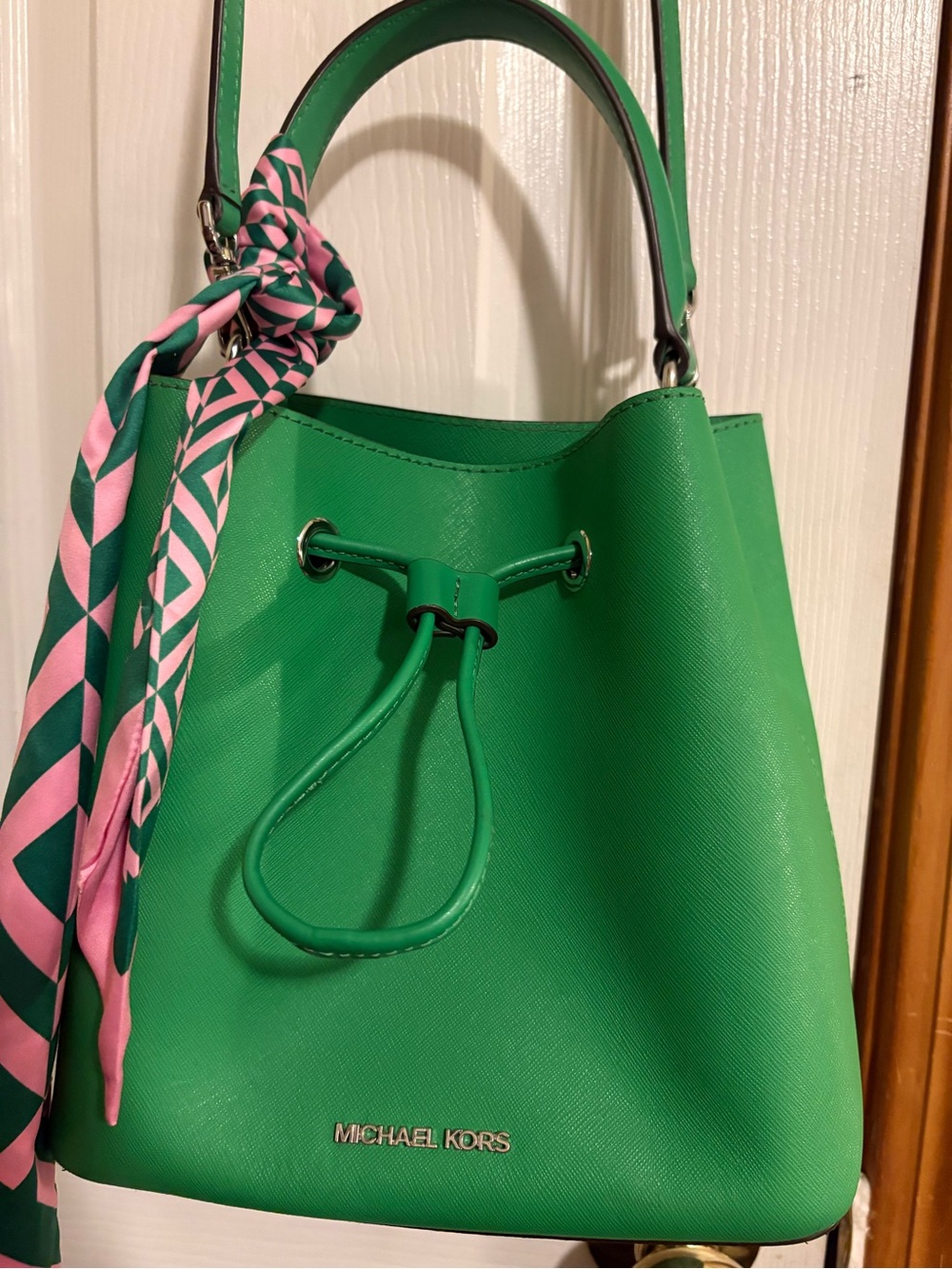 Michael Kors Green Leather Drawstring Bucket Tote with Pink-Patterned Scarf